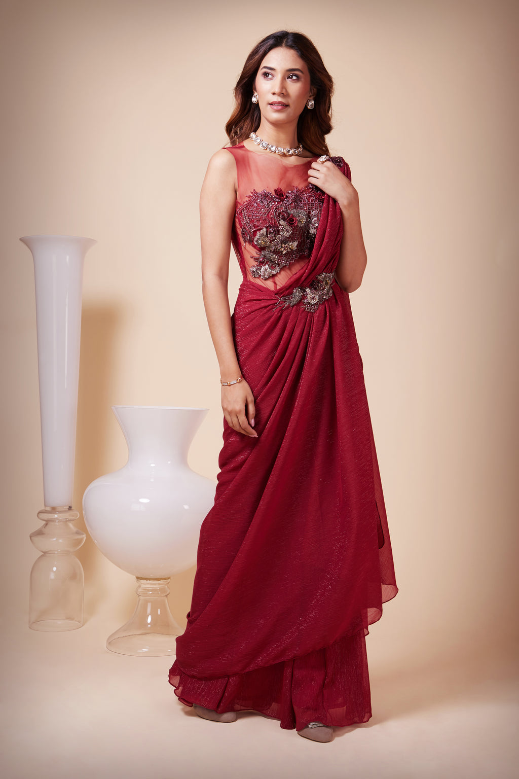 Fusion One Shoulder Pleated Gown & Silk Satin Trousers Set